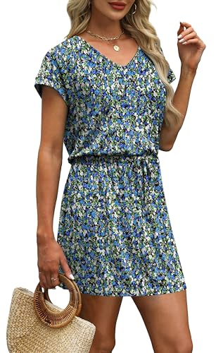 Image of OFEEFAN Summer Dresses for Women 2026 V Neck T Shirt Casual Mini Dresses Tie Waist Sundresses with Pockets