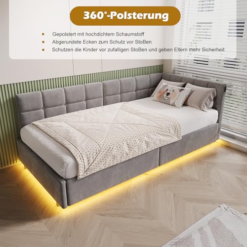QMTXBYJ Polsterbett Kinderbett 90x200 mit LED und USB-Anschlüssen, Jugendbett 90x200 mit Hydraulischer Stauraum, Schlafsofa Einzelbett Daybett Tagesbett Gästebett Bettgestell mit Lattenrost,Samt – Bild 6