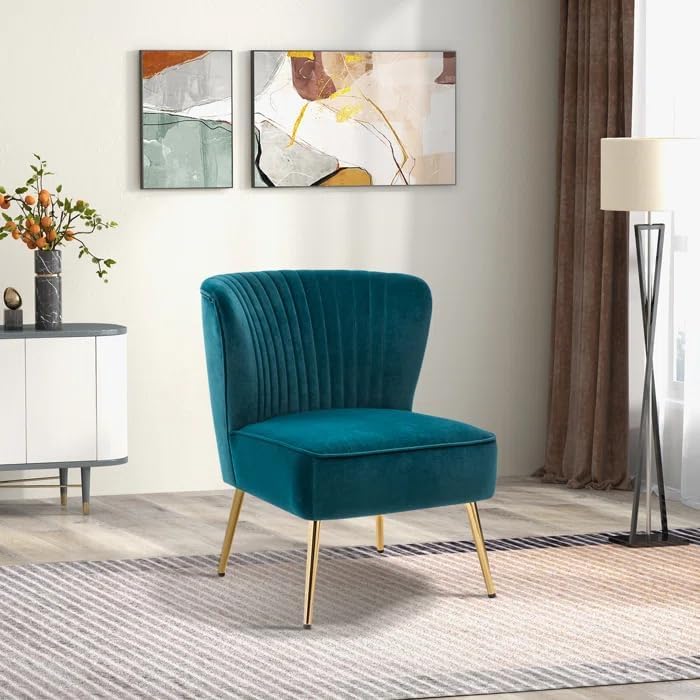 Image of Modern Upholstered Accent Velvet Chair Single Seater Channel Tufted Wing Back Chair with Golden Matel Legs for Living Room, Bedroom, Dining Room, Teal