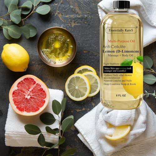 Image of Essentially KateS Lemon (D-Limonene) Massage Lotion Body Oil Multi-Purpose Oil 8 Fl Oz - Cellulite Massage, After-Shower Moisturizer, Hair Scalp Conditioning, and Nail & Cuticles Nourishing