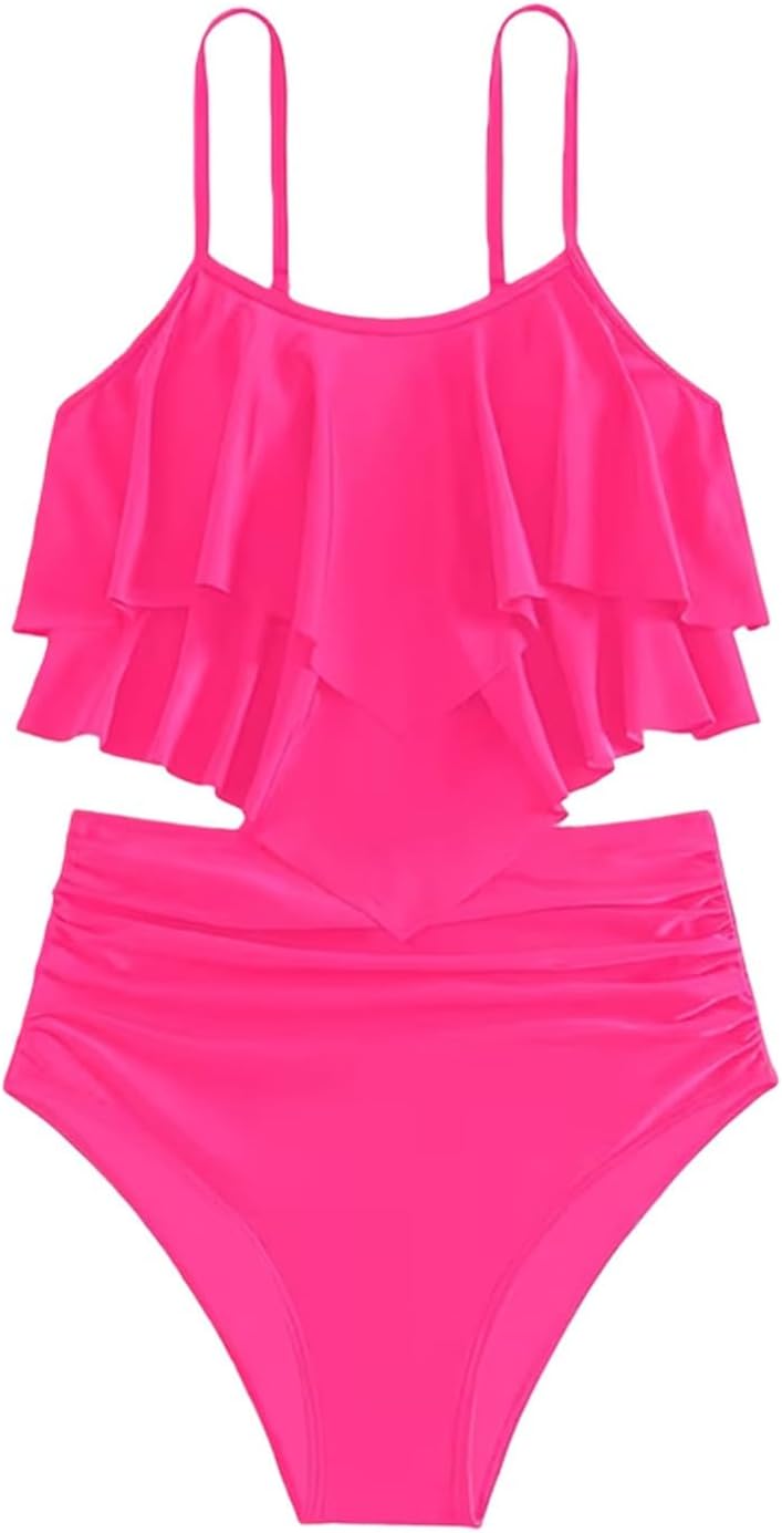 Girls 2 Piece Swimsuit Teen Summer Swim Bikini Set Beach Ruffles Bathing Suits Quick Dry Adjustable Strap Swimwear