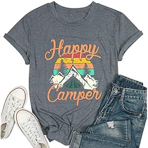 Happy Camper Shirt for Women Funny Cute Graphic Tee Short Sleeve Letter Print Casual Tee Shirts Gray