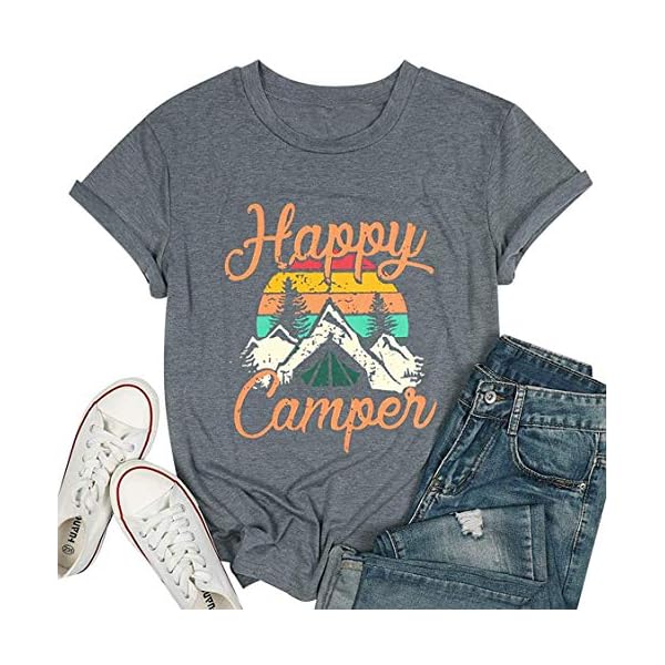 UNIQUEONE-Happy-Camper-Shirt-for-Women-Funny-Cute-Graphic-Tee-Short-Sleeve-Letter-Print-Casual-Tee-Shirts Happy Camper Shirt for Women Funny Cute Graphic Tee Short Sleeve Letter Print Casual Tee Shirts Gray
