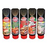 Im Set enthalten: jeweils 1 Tube Chili-Cheese Sauce (35% Käse!), Süß-Sauer Sauce, Hot-Sweet-Chili Sauce, Curry-Gewürz-Sauce, Knoblauch Creme – insgesamt 5 Tuben mit jeweils 250 ml
