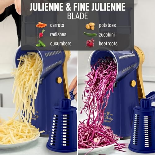 Image of Zulay Kitchen Rotary Cheese Grater 5 Blade Cheese Shredder - Manual Hand Crank Cheese Grater With Reinforced Suction & 5 Interchangeable Drums - Easy to Use, Vegetable Chopper Round Mandoline Slicer