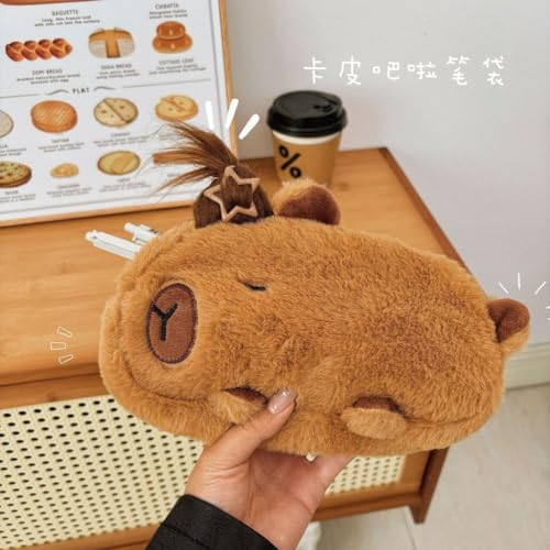 Image of HSYHERE Cute Novelty Funny Calm Down Flying Hairs Capybara Soft Stuffed Surface Fluffy Clothes Zipper Pencil Box Pencil Case Pencil Storage Holder Pouch Pen Bag -Brown