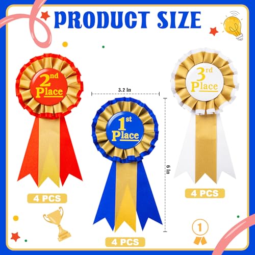 12Pcs Award Ribbon Rosette Set, 1st 2nd 3rd Honorable Ribbon for School Classroom Competition Prize Fair Talent Show