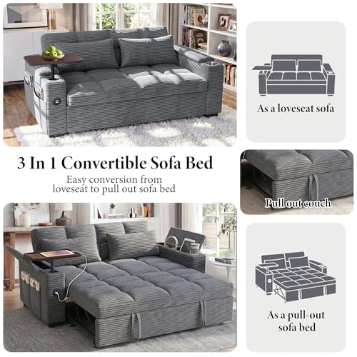 Image of Dreamzie 65'' Convertible Sleeper Sofa Bed with 90 Swivel Side Table, Pull Out Couch for Living Room, Loveseat Sleeper Couch with Hidden Storage Space | Charging Port | Cup Holders, Grey