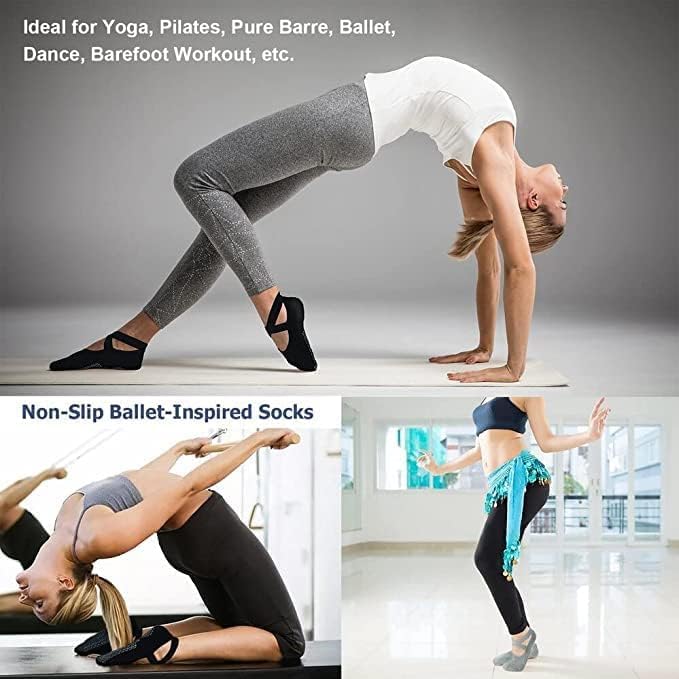 Women’s Non-Slip Grip Yoga Socks – Padded Cotton Pilates, Barre, Ballet, PiYo Floor Socks with Cross Strap Design (IN, Alpha, M, 1, BLACK) - Image 5 thumbnail