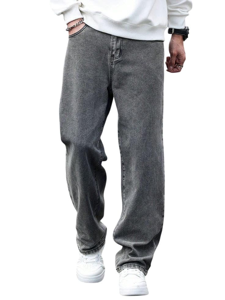 Image of Men Loose Fit Mid Rise Grey Jeans | Ankle-Length Trendy Denim for Smart-Casual Wear | Comfortable Everyday Jeans for Men | Modern Stylish Casual Outfit