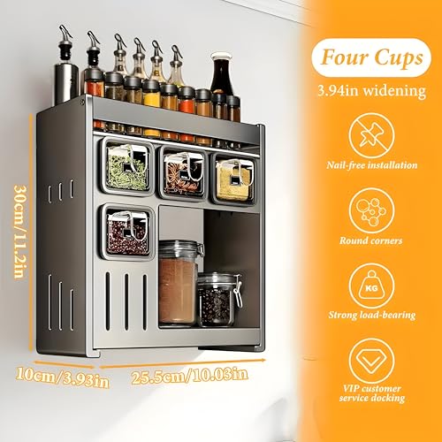 Image of Kitchen Spice Rack, Kitchen Organizer and Storage Rack, Spice Organization for Cabinets Punch-free Wall /Countertop Home Decor Multifunctional Double Layer 4 Grid Condiment Rack, Gray
