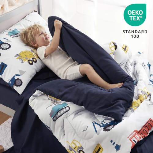 Image of PHF 4 Piece Toddler Bedding Set, Ultra Soft Toddler Comforter Sets Include Comforter, Fitted Sheet, Flat Top Sheet and Pillowcase for Boys, Bed in A Bag for Toddler Bedroom, Truck and Digger