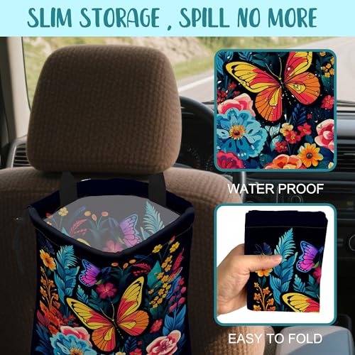 Image of Car Garbage Bag Colorful Flowers and Butterflies Hanging Canvas Car Trash Bag Waterproof Drawstring Car Back Seat Organizer for Car Back Front Seat Console with Adjustable Buckle