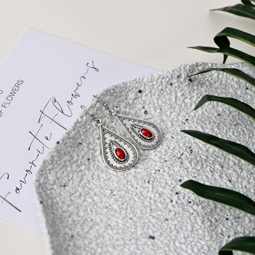 Boho Drop Earrings with Red Stone – Silver Teardrop Earrings Featuring Oval Gemstone & Intricate Detailing, Vintage Inspired Boho Jewelry for Women4