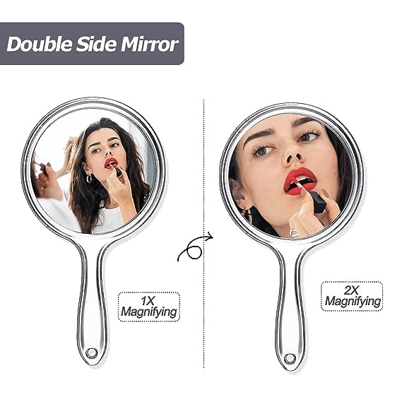 Image of Glass 2 Way(Magnifying & Regular) Handle Mirror for Make Up and Grooming,5 inch Dia Display, Round, Hand Mirror, Transparent