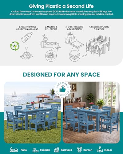 Image of SERWALL 59 inch HDPE Dining Set for 6, w / 1 Table & 6 Chairs, Blue | Armless Patio Dining Sets for All Weather Use