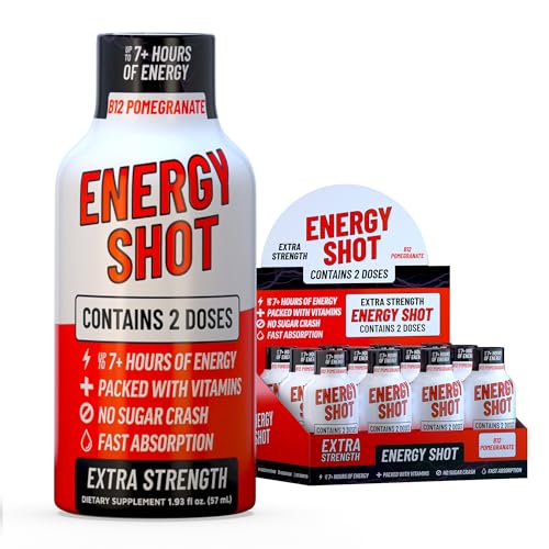 Image of B12 Pomegranate Extra Strength Energy Shot 8 PK - 260mg Natural Caffeine B12 B6 - Energy & Vitality Support - 2 Servings Sugar Free Zero Calorie Green Tea B-Vitamins Electrolytes Vegan - 1.93 fl oz