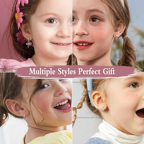 BESTEEL 4 Pairs Hypoallergenic Huggie Hoop Earrings for Girls Women Silver Small Dangle Hoop Earrings Bow Earrings Tiny Cute CZ Heart Butterfly Earrings Set Pink Colorful Star Earrings for Sensitive Ears(over 3 years old)4