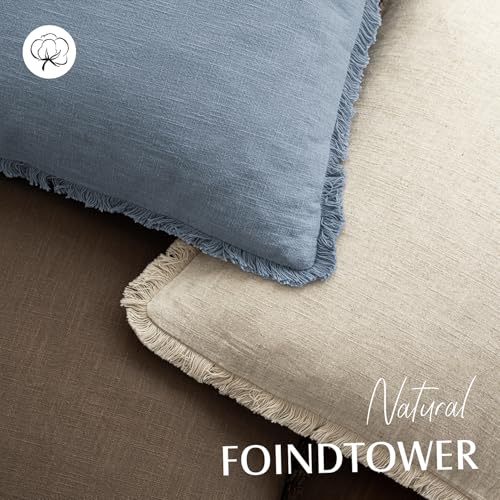 Image of Foindtower Set of 2 Decorative Linen Fringe Throw Pillow Covers Cozy Boho Farmhouse Cushion Cover with Tassels Soft Accent Pillowcase for Couch Sofa Bed Living Room Home Decor, 20x20 Inch, Misty Blue