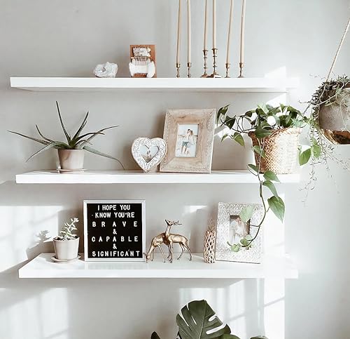 Image of Wooden Floating Wall Shelf| Wall Mount| Wall Rack| Wall Bracket for Home and Office Decor | Big Mounted Cabinets (XX-Large (24x8 inches), Set of 3, White)