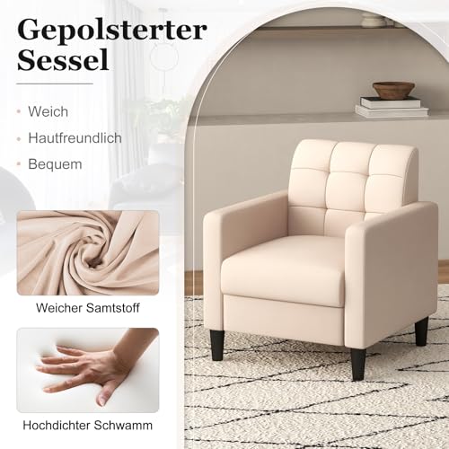 COSTWAY Relaxsessel modern, Fernsehsessel aus Samt im Mid-Century-Stil, gepolsterter Sessel mit getufteter Rückenlehne, Armlehnen & Holzbeine für Wohnzimmer, Schlafzimmer und Heimbüro, beige – Bild 5