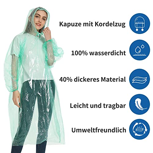 Opret 5 Stück Durchsichtig Regenponcho Damen Herren, Wasserdicht Regenschutz Regencape mit Tunnelzug Kapuze und Elastische Manschette, Leichtgewichts Regen Poncho Transparent Bunt