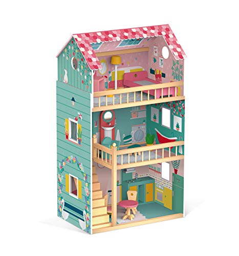 Janod - Happy Day Wooden Dollhouse - 3 Floors and 12 Accessories Included - Imitation Toy - Develop Imagination - from 3…
