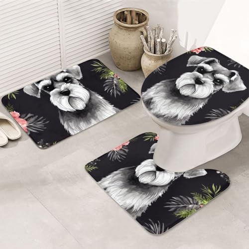 Dwrepo Schnauzer Print Bathroom Rug Set 3 Piece with Non-Slip U-Shaped Contour Mat and Toilet Lid Cover for Bathroom Decoration