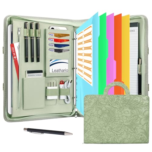 Image of Leathario Portfolio Binder, Includes 5 Folder Index Dividers, 13 Inch Tablets Organizer with Handle, Vegan Leather A4 Padfolio, Multi-Pocket Notepad Business Planner Professional Document