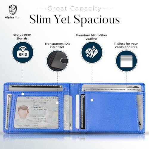 Image of ALPHA PAIR Men's Wallet with Smart Tag Holder for Samsung - Bifold Smart Wallet for Men - RFID Wallet with 10 Credit Card Holders and 1 ID Window - Leather Wallet for Galaxy Smart Tag-Blue