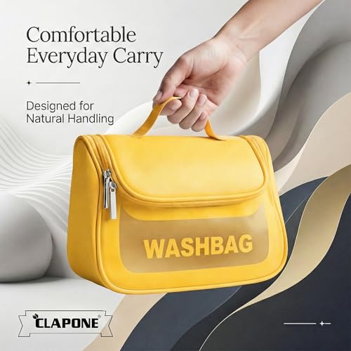 Image of Cosmetic Bag for Women, PU Leather Makeup Pouch, Large Capacity Travel Makeup Organizer with Divider & Handle, Waterproof Portable Vanity Storage Bag for Toiletries (Washing Bag-Yellow)