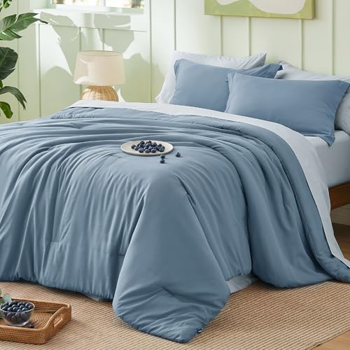 Image of Bedsure Queen Comforter Set - 7 Pieces Grayish Blue Queen Bedding Set for All Seasons, Boho Contrasting Design Bed in a Bag with Comforter, Sheets, Pillowcases & Shams