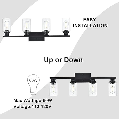 Miniatura 6 de VINLUZ Lámpara de pared industrial para interiores de 4 luces, color negro, con pantalla de cristal transparente, lámpara de pared clásica para