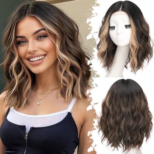 Eawwii Dark Brown Mix Light Blonde Short Wavy Wig for Women Lace...