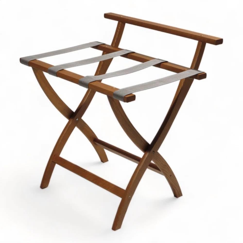 High Back Solid Wood Folding Luggage Rack with Grey Straps in Brown Finish New