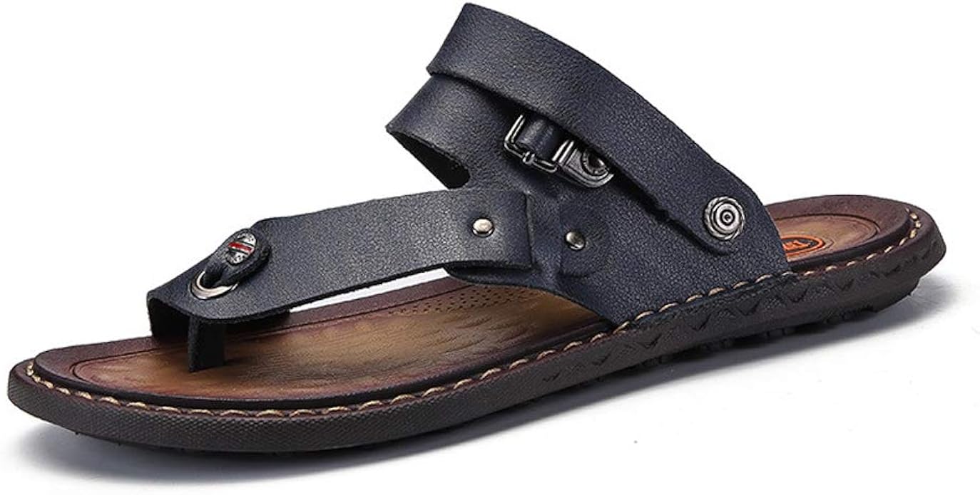 Baviue Mens Leather Hiking Flip Flops Thong Sandles
