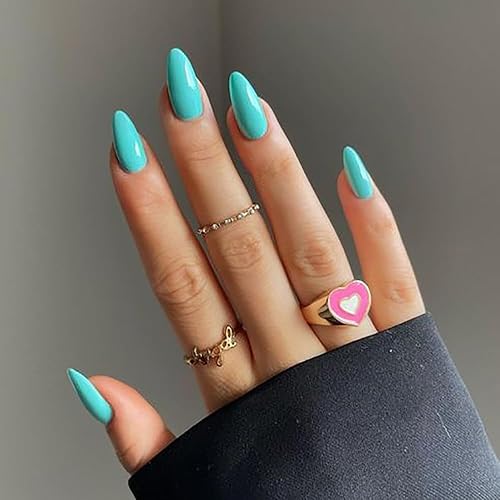 Press on Nails Almond Medium, Turquoise Solid Color Glossy Fake