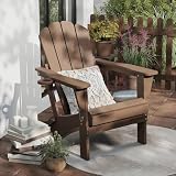 Generisch Domi Klappbarer Adirondack Stuhl, HDPE-Witterungsbeständiger Außenstuhl mit Getränkehalter, holztexturierter Feuerstellenstuhl für Garten, Terrasse, Poolbereich & Deck, Braun