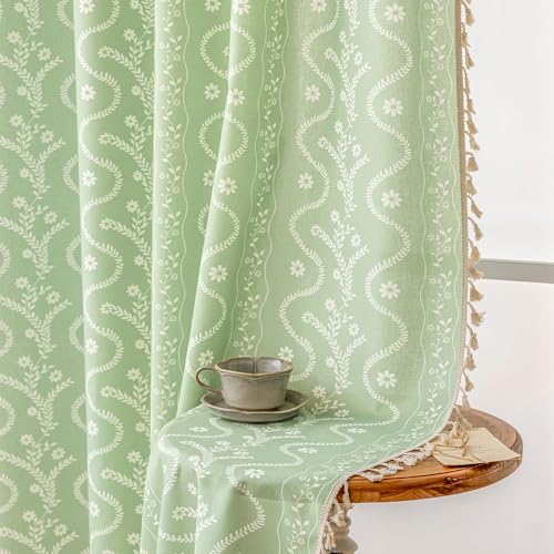 Image of Boho Curtains 84 Inch Long for Living Room, Bedroom, 2 Panels Floral Farmhouse Vintage Tassel Semi Sheer Light Filtering Privacy Window Curtain Drapes with Rod Pocket,Light Green