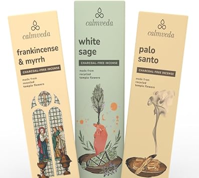 CALMVEDA, Frankincense and Myrrh Incense with Palo Santo Incense and White Sage Incense 80 Sticks + 1 Spray | Beautiful Natural Incense and Spray for Meditation Environment and Spiritual Practice