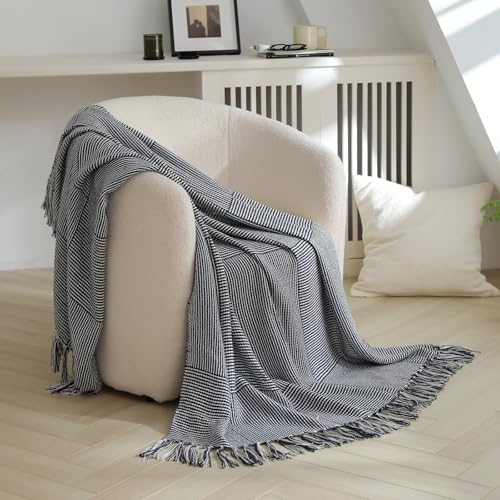 Simple&Opulence Knit Throw Blanket for Couch- Fringe Woven Boho Blanket Blankets for Women Cozy Lightweight Blanket for Home Decor(50x60 Inches, Navy
