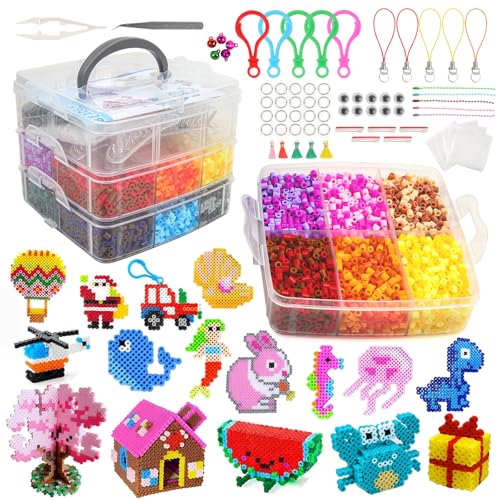 TAMOXI Bügelperlen Set, 11,000 Stück 5mm Bügelperlen, 24 Farben für Kinder Mädchen Jungen DIY, 5 Steckplatten, 46 Muster, Schmelzperlen Set mit Aufbewahrungsbox für Basteln Handwerk Geschenk