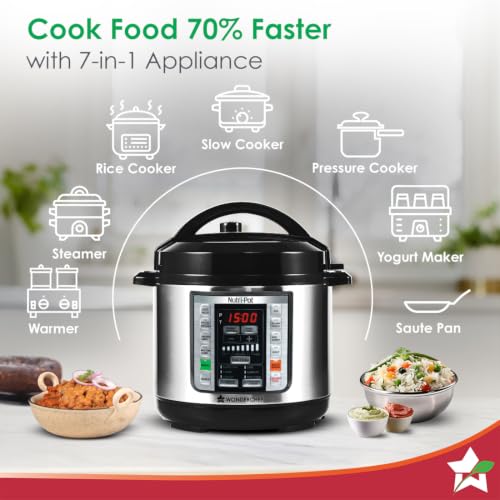Image of Wonderchef Nutri-pot 3L Electric Pressure Cooker, 18 Pre-set Options, 304 Stainless Steel Inner Pot, Slow Cook, Rice /Millets, Steam, Saute, Dal /Khichdi /Yogurt Maker, Re-heat, Keep Warm, 2-Yr Warranty