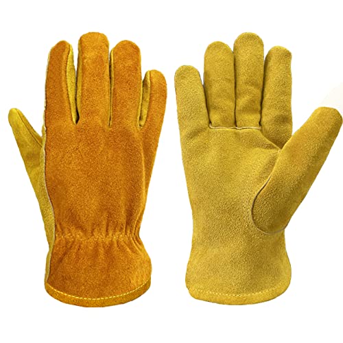 Aouchi Leather Work Gloves Cowhide Gardening Glove With Cotton Lining For Wood Cutting/Construction/Truck Driving/Garden/Yard Working For Men And Women 1 Pair (M) #TOP8