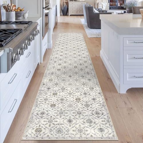 KILOCOCO 2.6x14 Runner Rug, Moroccan Super Soft Washable Hallway Entryway Runner Rug, Accent Print Faux Wool Kitchen Runner 14 Feet Non-Slip Boho Carpet for Laundry Room Bedroom, Cream Beige Grey