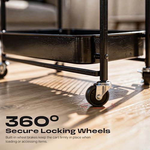 Image of Multipurpose Foldable Kitchen Storage Trolley | Heavy Metal 3-Tier Utility Cart for Storage | Portable Cart for Kitchen, Bedroom, Office | Kitchen Rack with Lockable Wheels (Black)