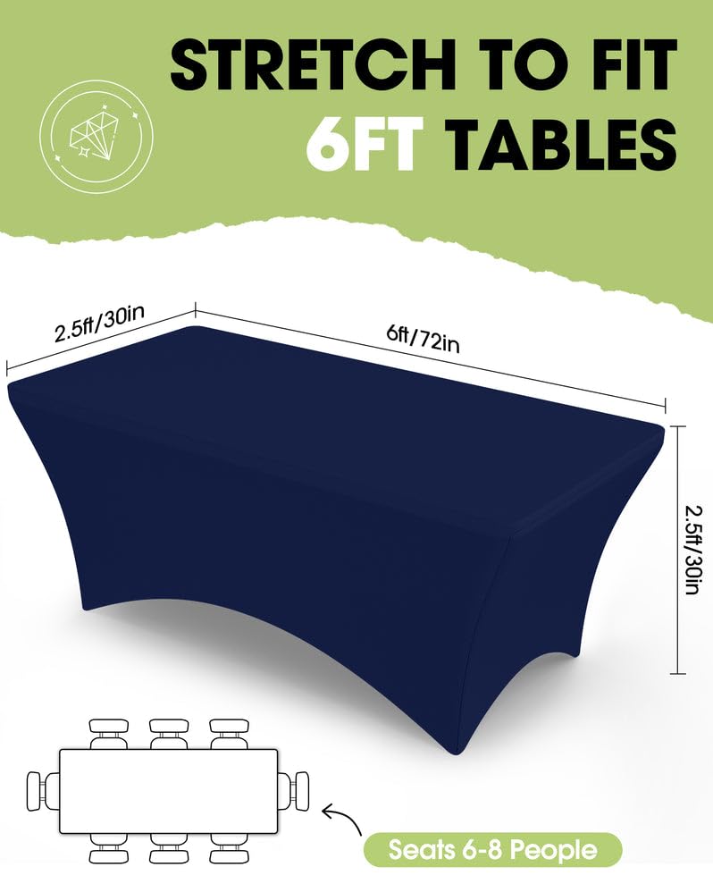 Image of Pureegg Spandex Tablecloth 6ft - 2 Pack, Fitted and Tight Cloth for Rectangle Table, Wrinkle-Free and Stretch Table Cover for Party, Wedding, Banquet and Birthday, Navy Blue