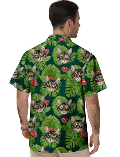 EoBeKee Men's Hawaiian Shirt Short Sleeve Button Down, Funny Tabby Cat on Palm Leaves Print Novelty Shirt for Cat Lovers