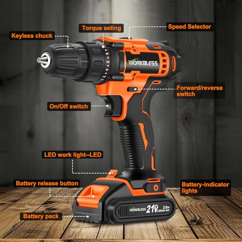 Image of WORKBLESS 21V Power Drill Set, Cordless Drill with Battery and Charger, 3 /8'' Keyless Chuck, Variable Speed, 18+1 Torque Setting and 28pcs Bits Tool Set(Orange, 1 Battery)