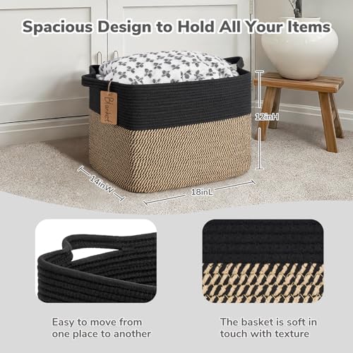 Image of Goodpick 50L Large Woven Storage Basket for Organizing, Black & Jute | 18 inch x 14 inch x 12 inch Stylish Gift Basket for Living Room & Bedroom Organization, Wicker Baskets for Shoes & Toys Storage